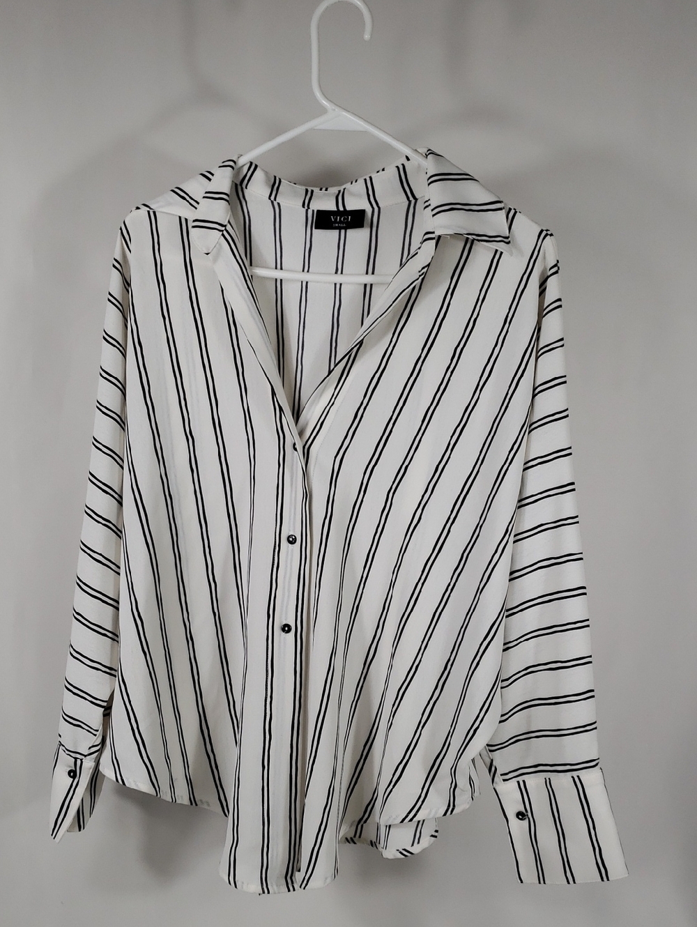 VICI Womens Small White Shirt with Black Vertical Stripes